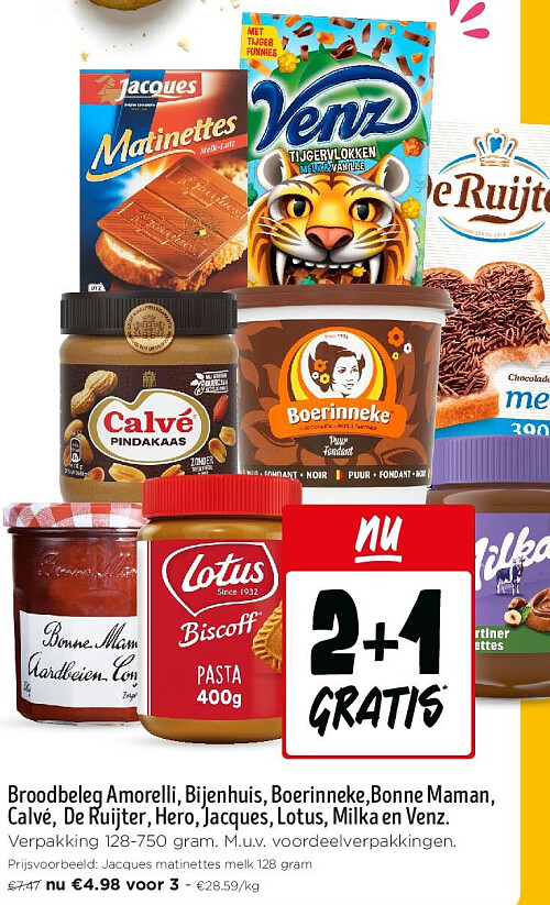Broodbeleg Amorelli, Bijenhuis, Boerinneke,Bonne Maman, Calvé, De Ruijter, Hero, Jacques, Lotus, Milka en Venz.