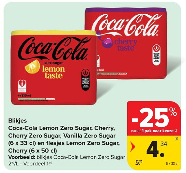 Blikjes Coca-Cola Lemon Zero Sugar, Cherry, Cherry Zero Sugar, Vanilla Zero Sugar (6 x 33 cl) en fl esjes Lemon Zero Sugar, Cherry (6 x 50 cl)