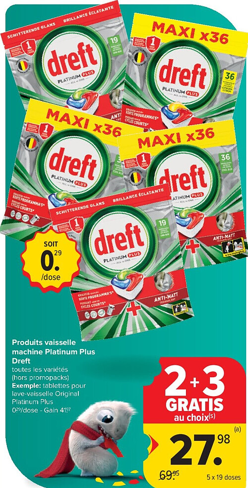 Produits vaisselle machine Platinum Plus Dreft 5 x 19 doses