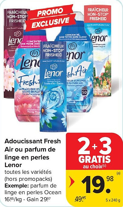 Adoucissant Fresh Air ou parfum de linge en perles Lenor 5 x 240 g
