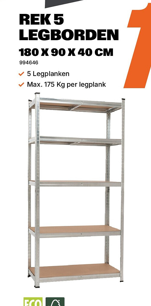 Rek 5 legborden 180 x 90 x 40 cm