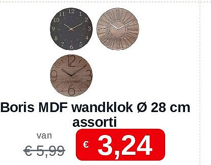 Boris MDF wandklok Ø 28 cm assorti