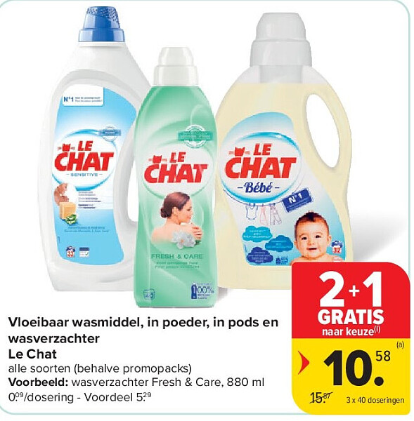 Vloeibaar wasmiddel, in poeder, in pods en wasverzachter Le Chat