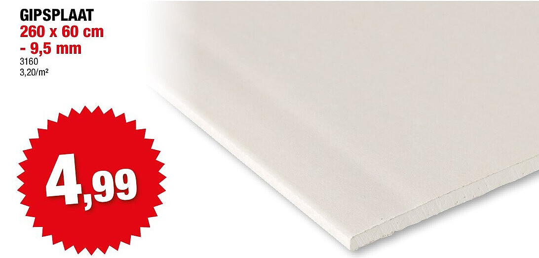 GIPSPLAAT 260 x 60 cm - 9,5 mm