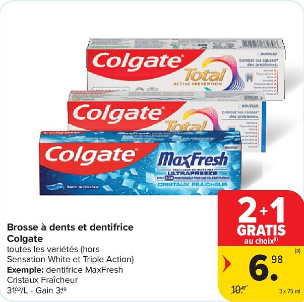 Brosse à dents et dentifrice Colgate 3 x 75 ml
