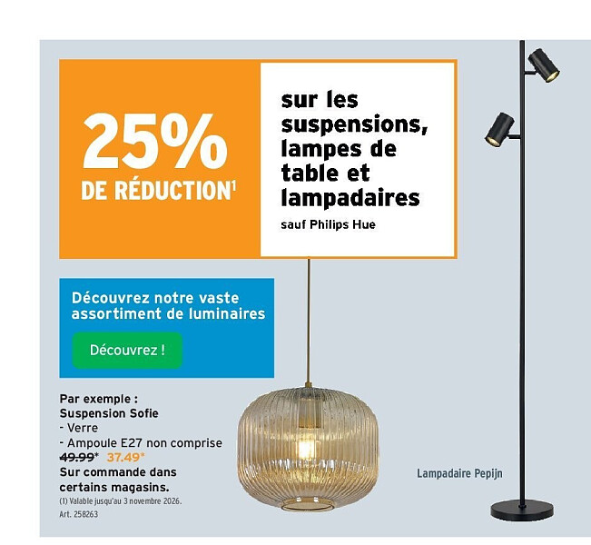 sur les suspensions, lampes de table et lampadaires