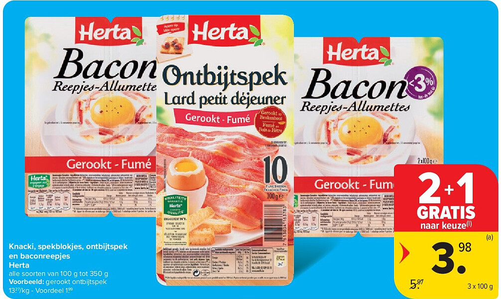 Knacki, spekblokjes, ontbijtspek en baconreepjes Herta