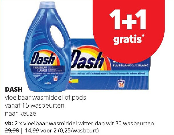 DASH vloeibaar wasmiddel of pods vanaf 15 wasbeurten naar keuze