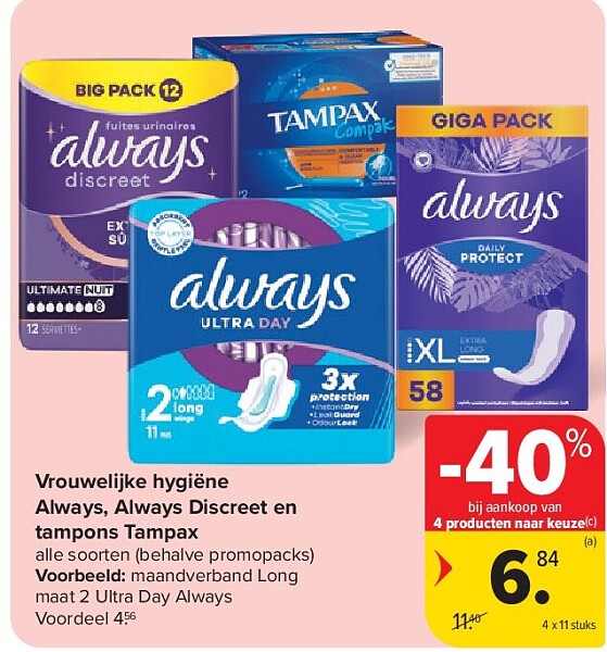 Vrouwelijke hygiëne Always, Always Discreet en tampons Tampax