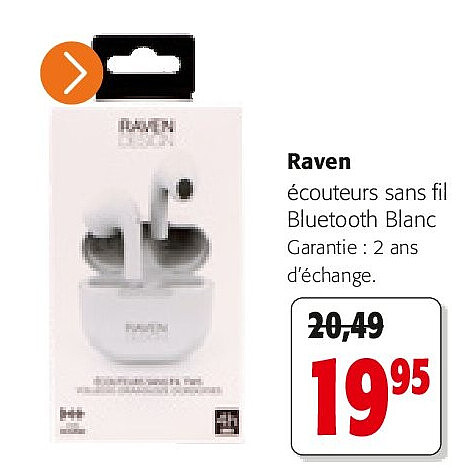 Raven écouteurs sans fil Bluetooth Blanc