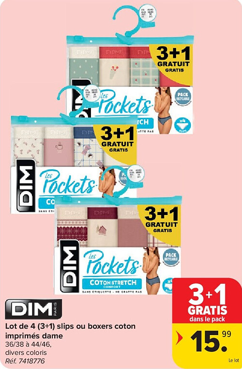 Lot de 4 (3+1) slips ou boxers coton imprimés dame