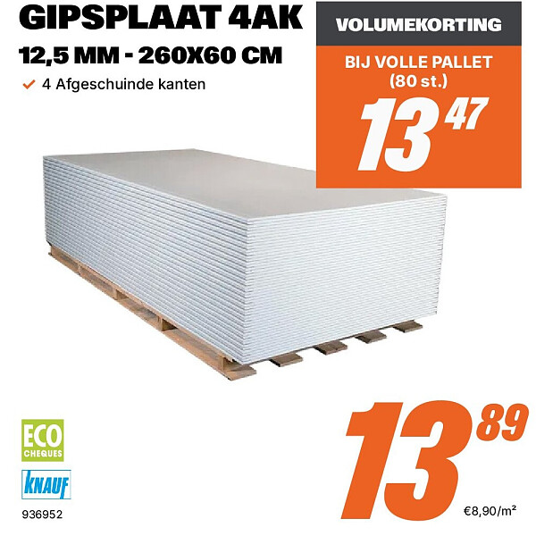 GIPSPLAAT 4AK 12,5 MM - 260X60 CM
