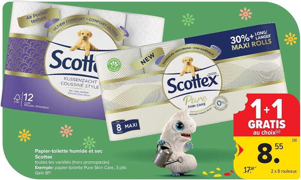Papier-toilette humide et sec Scottex 2 x 8 rouleaux