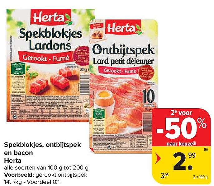 Spekblokjes, ontbijtspek en bacon Herta