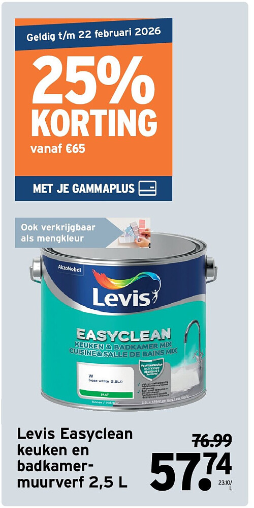 Levis Easyclean keuken en badkamermuurverf 2,5 L