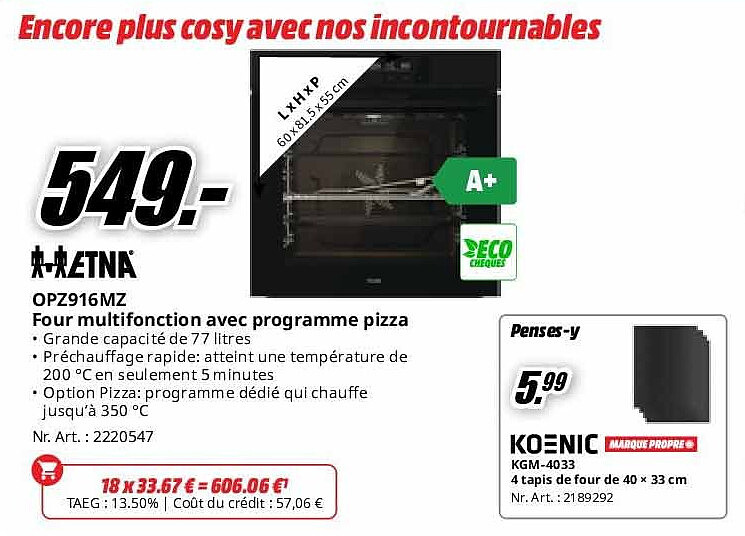 OPZ916MZ Four multifonction avec programme pizza