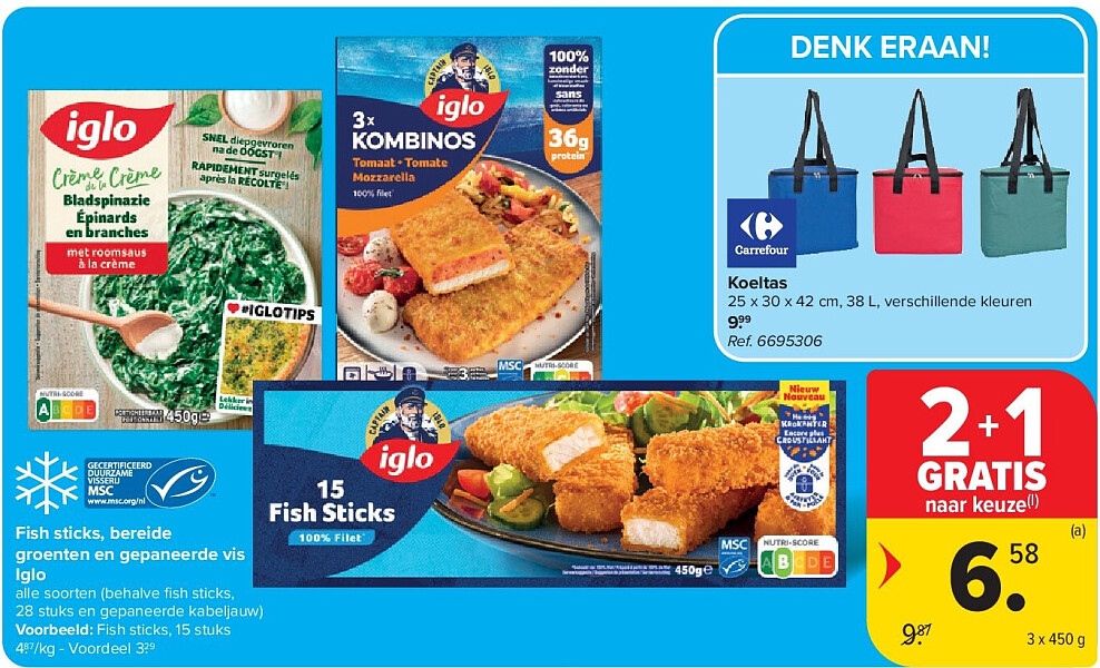 Fish sticks, bereide groenten en gepaneerde vis Iglo