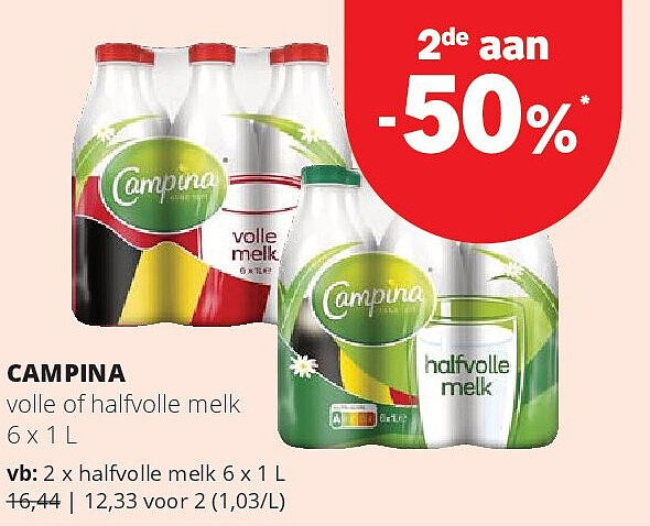 CAMPINA volle of halfvolle melk 6 x 1 L