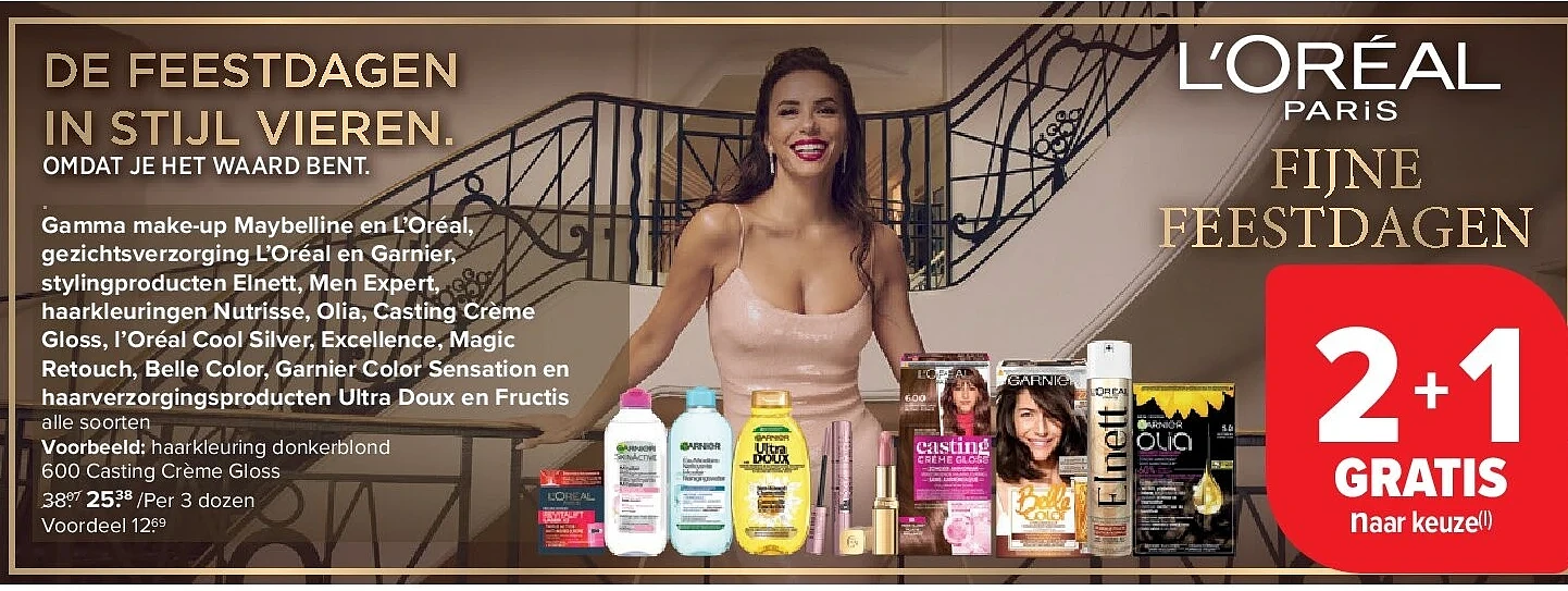 Gamma make-up Maybelline en L’Oréal, gezichtsverzorging L’Oréal en Garnier, stylingproducten Elnett, Men Expert, haarkleuringen Nutrisse, Olia, Casting Crème Gloss, l’Oréal Cool Silver, Excellence, Magic Retouch, Belle Color