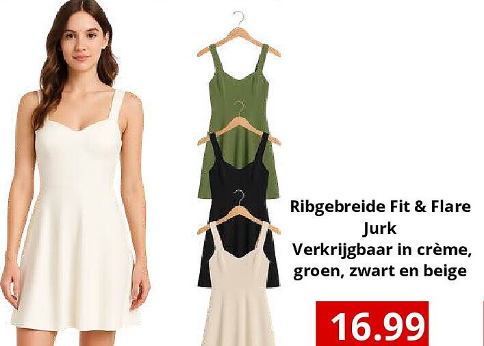 Ribgebreide Fit & Flare Jurk Verkrijgbaar in crème, groen, zwart en beige