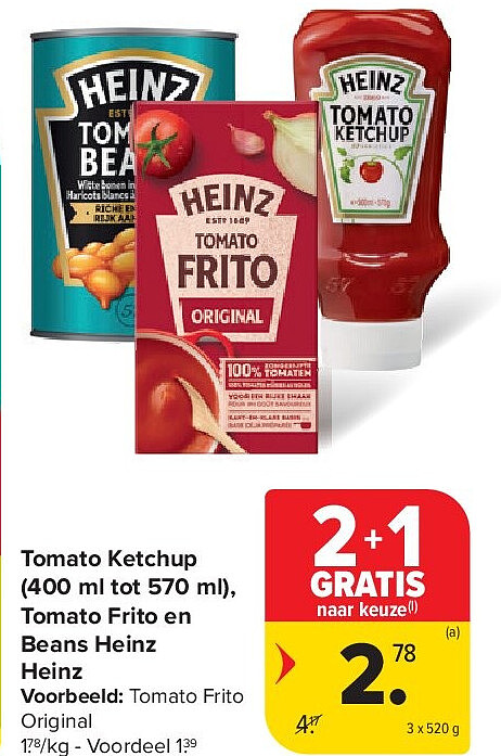 Tomato Ketchup (400 ml tot 570 ml), Tomato Frito en Beans Heinz Heinz