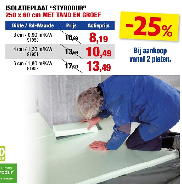 ISOLATIEPLAAT "STYRODUR" 250 x 60 cm MET TAND EN GROEF