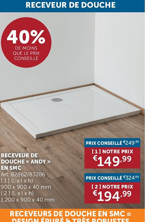 RECEVEUR DE DOUCHE « ANDY » EN SMC