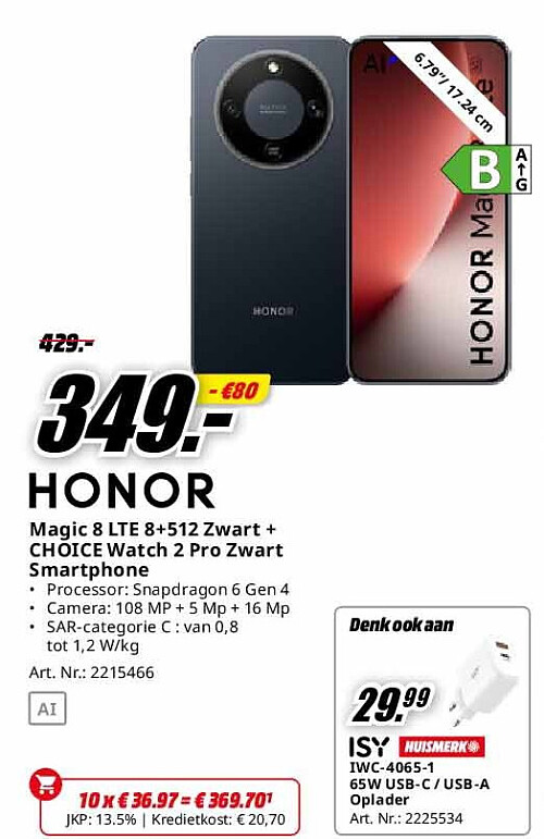 Magic 8 LTE 8+512 Zwart + CHOICE Watch 2 Pro Zwart Smartphone
