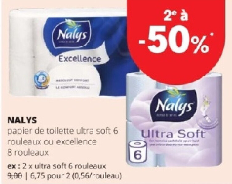 NALYS papier de toilette ultra soft 6 rouleaux ou excellence 8 rouleaux
