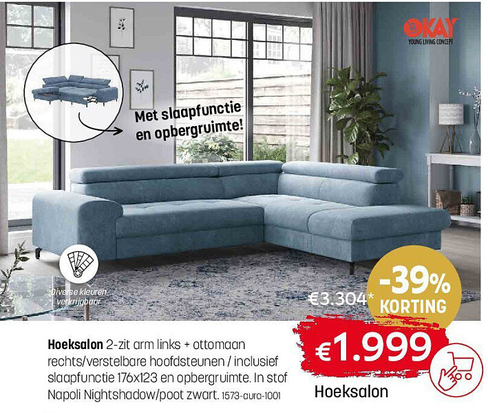 Hoeksalon 2-zit arm links + ottomaan