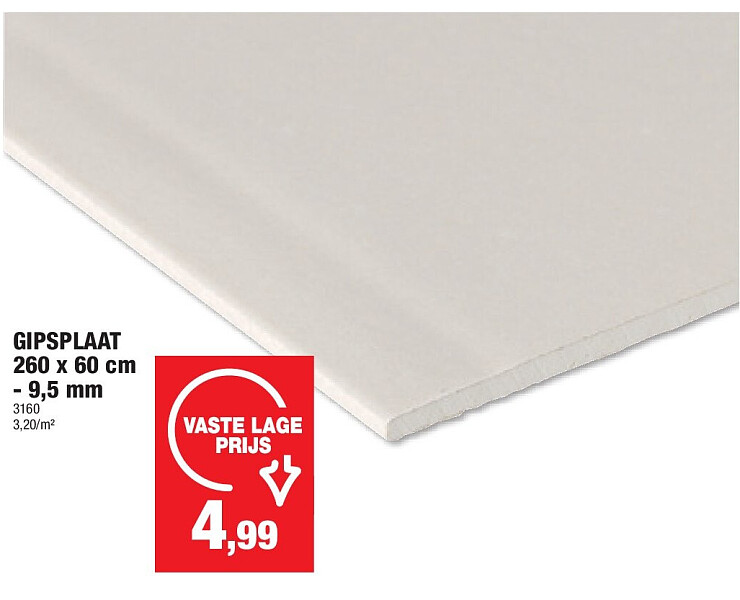 GIPSPLAAT 260 x 60 cm - 9,5 mm