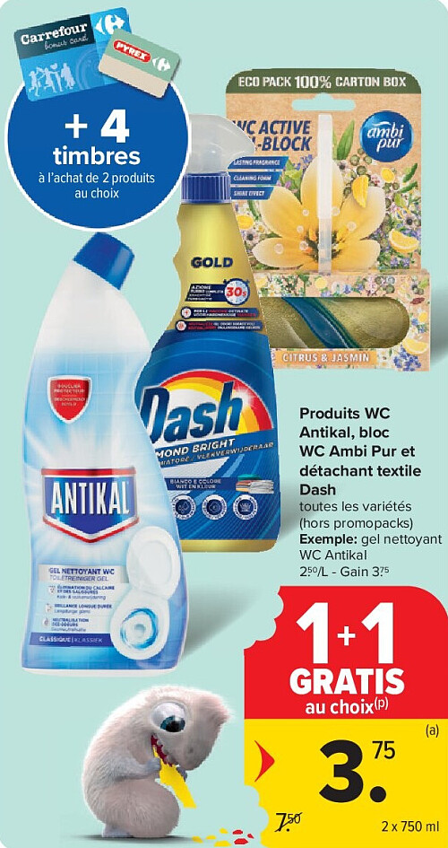 Produits WC Antikal, bloc WC Ambi Pur et détachant textile Dash 2 x 750 ml