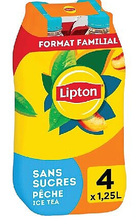 Thé pêche sans sucres Lipton, format familial, pack de 4 x 1,25 l