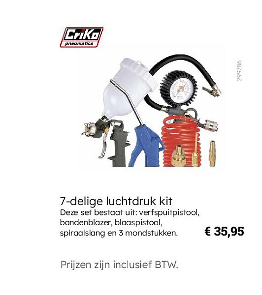 7-delige luchtdruk kit Deze set bestaat uit: verfspuitpistool, bandenblazer, blaaspistool, spiraalslang en 3 mondstukken