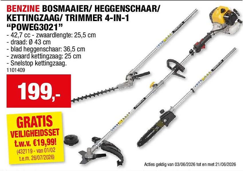 BENZINE BOSMAAIER/ HEGGENSCHAAR/ KETTINGZAAG/ TRIMMER 4-IN-1 “POWEG3021”