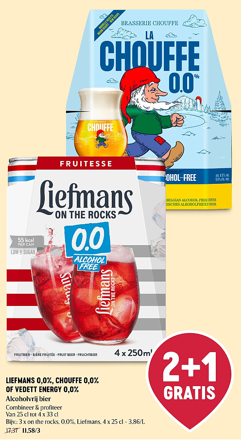 LIEFMANS 0,0%, CHOUFFE 0,0% OF VEDETT ENERGY 0,0% Alcoholvrij bier