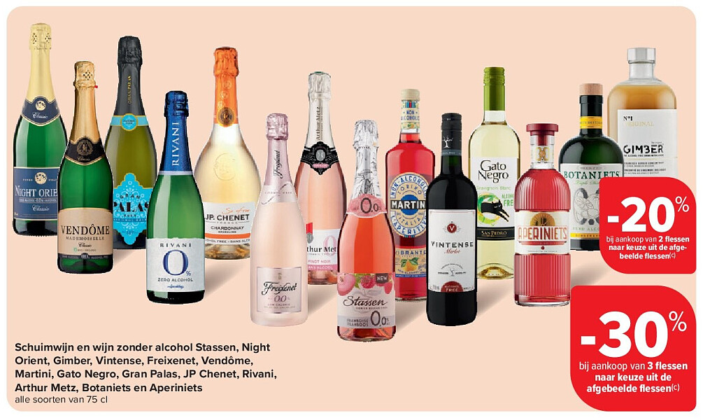 Schuimwijn en wijn zonder alcohol Stassen, Night Orient, Gimber, Vintense, Freixenet, Vendôme, Martini, Gato Negro, Gran Palas, JP Chenet, Rivani, Arthur Metz, Botaniets en Aperiniets