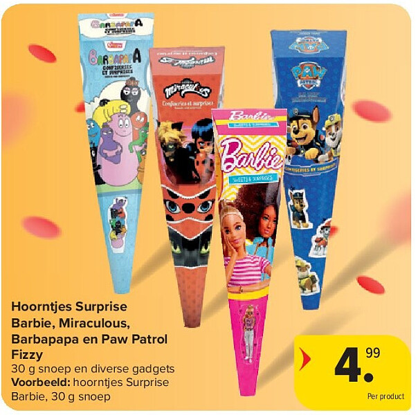 Hoorntjes Surprise Barbie, Miraculous, Barbapapa en Paw Patrol Fizzy