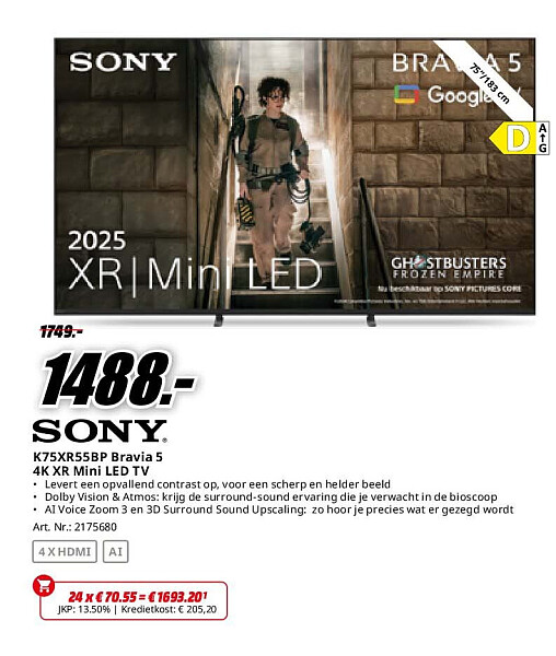 Sony K75XR55BP Bravia 5 4K XR Mini LED TV