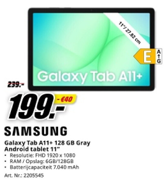 SAMSUNG Galaxy Tab A11+ 128 GB Gray Android tablet 11"