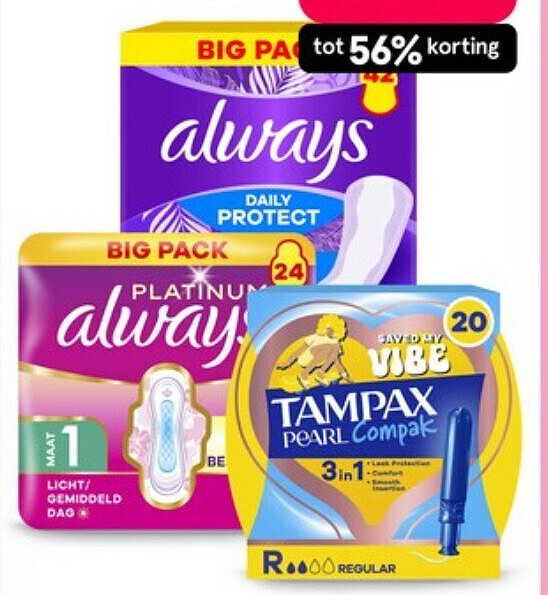 Always en Always Discreet grootverpakkingen, broekjes en Tampax