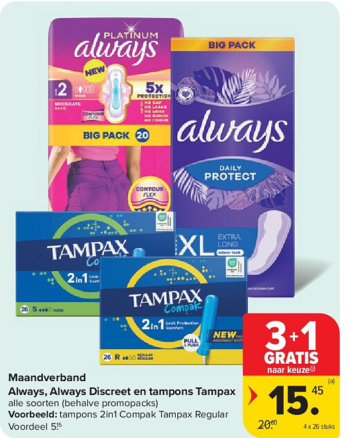 Maandverband Always, Always Discreet en tampons Tampax