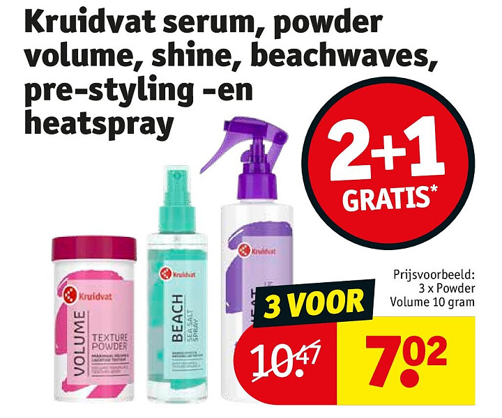 Kruidvat serum, powder volume, shine, beachwaves, pre-styling -en heatspray