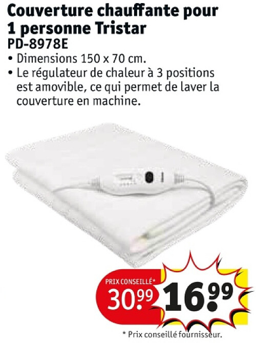Couverture chauffante pour 1 personne Tristar PD-8978E
