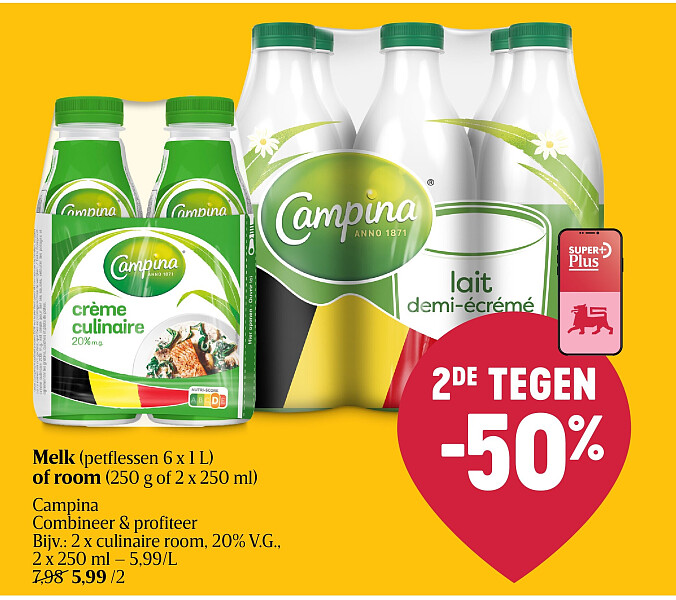 Melk (petflessen 6 x 1 L) of room (250 g of 2 x 250 ml)
