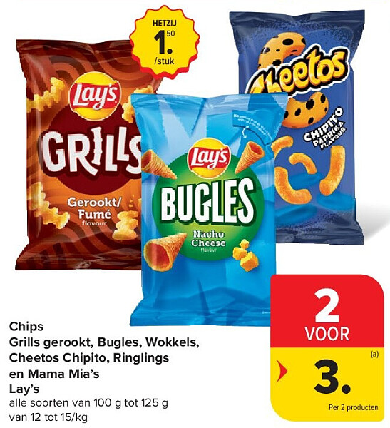 Chips Grills gerookt, Bugles, Wokkels, Cheetos Chipito, Ringlings en Mama Mia’s Lay’s