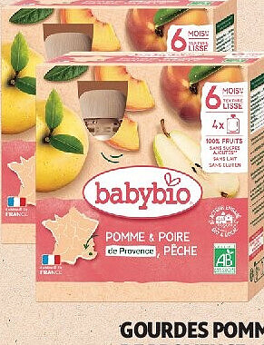 Gourdes pomme & poire de Provence, pêche Babybio 4x90 g