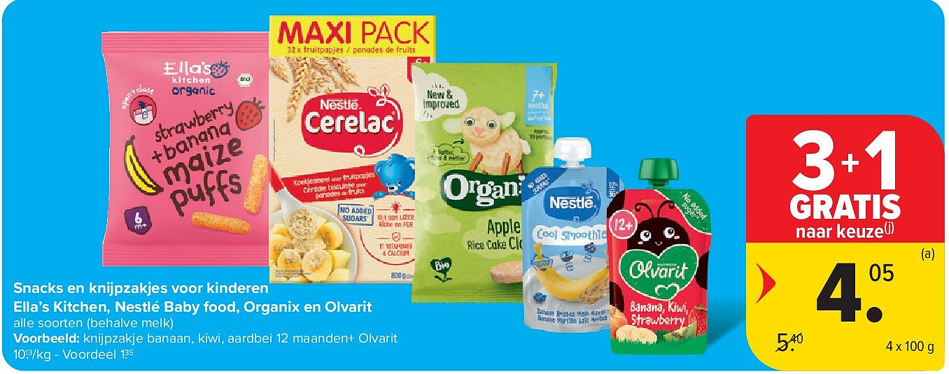 Snacks en knijpzakjes voor kinderen Ella’s Kitchen, Nestlé Baby food, Organix en Olvarit