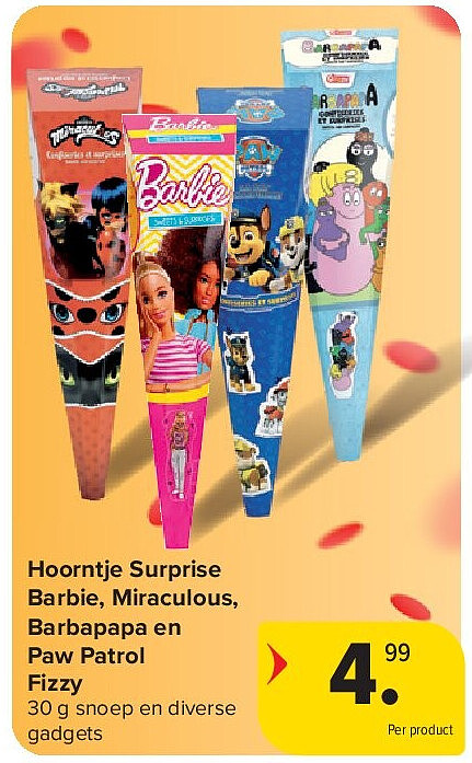 Hoorntje Surprise Barbie, Miraculous, Barbapapa en Paw Patrol Fizzy