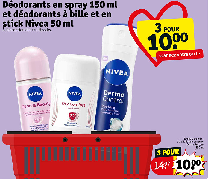 Déodorants en spray 150 ml et déodorants à bille et en stick Nivea 50 ml 3 POUR